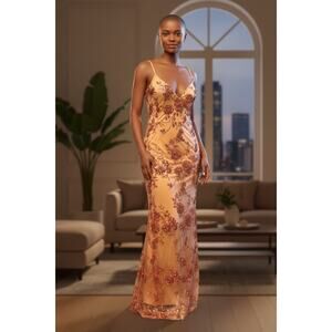 Lulus NWT Sequin Floral Lace Maxi Dress Spaghetti Strap Formal Evening Gown Sz L